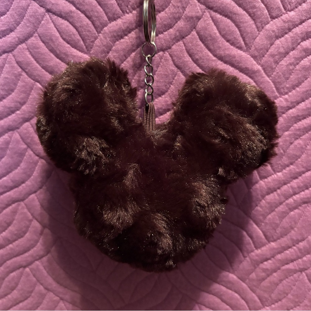 Dark Brown Fluffy Pom Pom Mickey Mouse Plush Keychain